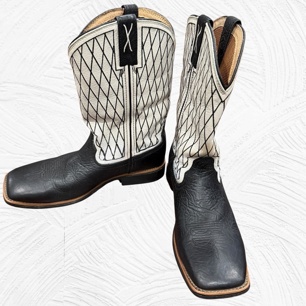Twisted X Black‎ White Diamond Western Boots Square Toe Pull On 6M